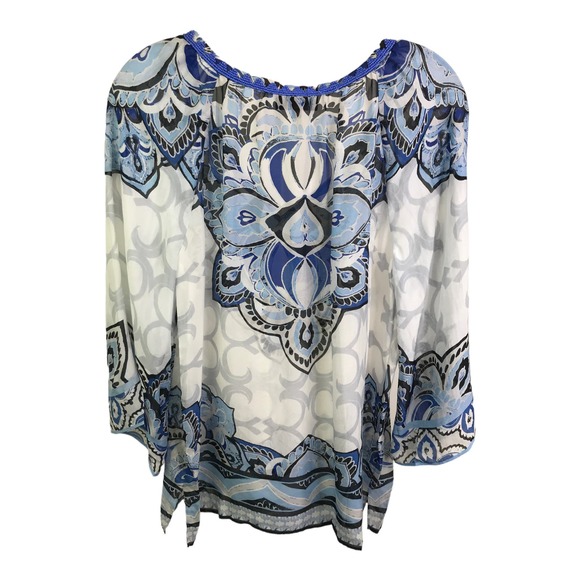 Hale Bob Women's Silk Beaded Tunic Top White & Blue Persian Floral Print Sheer S - Picture 4 of 11